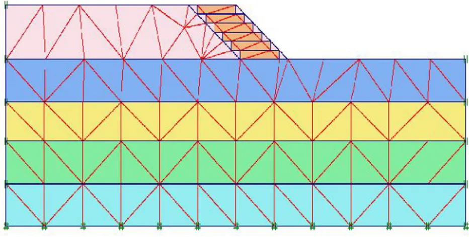 Gambar 3.14 Tampilan Jaringan Elemen Geometri Lereng c. Klik tombol &lt;update&gt; untuk kembali ke modus geometri.
