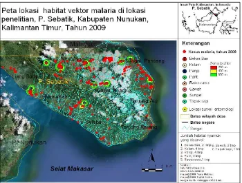 Gambar 1. Distribusi spasial kasus malaria dan buffer zone terhadap Breeding habitat nyamuk vektor di Pulau Sebatik, Tahun 2009
