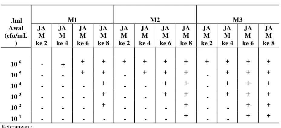 Tabel 2 : Hasil Pengujian V.cholerae pada medium pengayaan Bismuth Sulfite (M1) Gelatin Phosphate Salth Broth (M2), Air Peptone Alkali (M3) dengan Rapid Immuno-kromatografi Strip Test  