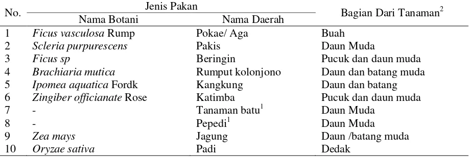 Tabel 1. Sepuluh Jenis Vegetasi Hutan dan Tanaman Budidaya Sebagai Pakan Anoa yang Dapat   Disediakan di Lokasi Penelitian  