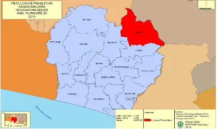 Gambar 1. Lokasi penelitian malaria di Kecamatan Bener, Kabupaten Purworejo, tahun 2015.