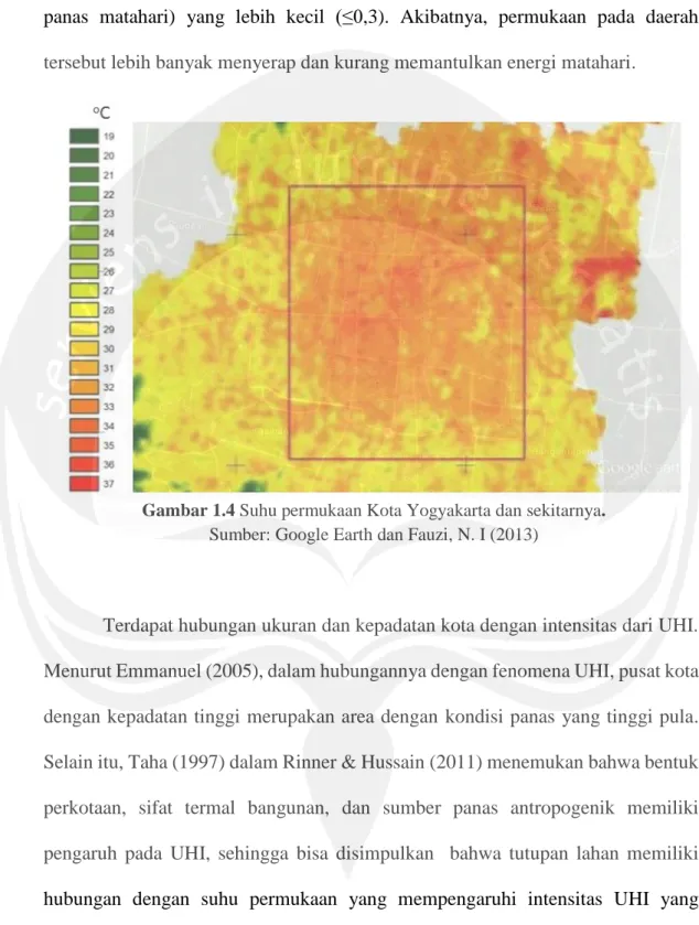 Gambar 1.4 Suhu permukaan Kota Yogyakarta dan sekitarnya. 