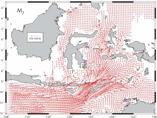 Gambar 5.   Arus laut yang diakibatkan oleh konstanta pasut M2 di sekitar wilayah perairan Nusa Tenggara Timur (Egbert dan Ray, 2001)