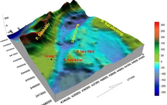 Gambar 2.   Distribusi data kedalaman laut dan bentukan morfologi dasar laut perairan Selat Lirung, Talaud