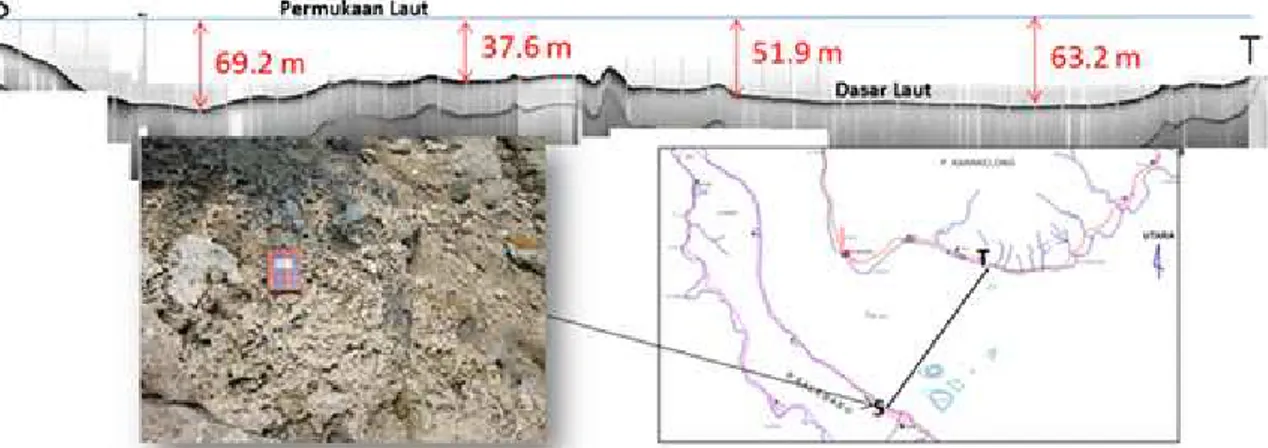 Gambar 4.  Profil penampang morfologi dasar laut melintang Selat Lirung dan singkapan batu gamping terumbu di Pantai Alude (sebelah barat daya Selat Lirung) saat air laut surut