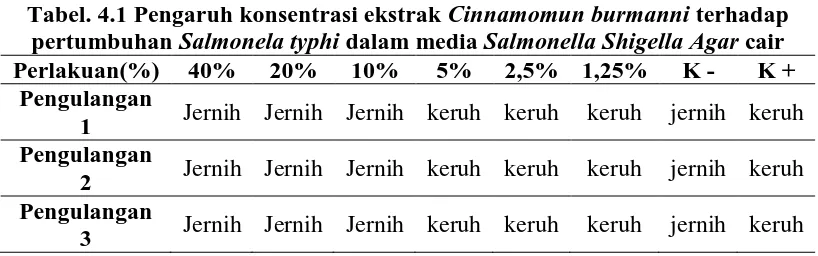 Tabel. 4.1 Pengaruh konsentrasi ekstrak  Cinnamomun burmanni terhadap pertumbuhan Salmonela typhi dalam media Salmonella Shigella Agar cair 