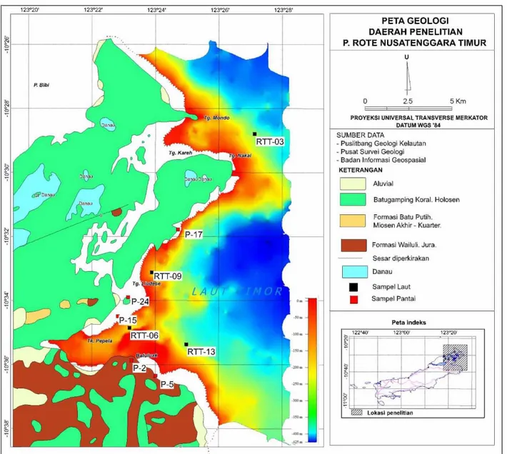 Gambar 1.  Lokasi pengambilan sampel sedimen pantai dan dasar laut berikut informasi kondisi geologi berdasarkan Rosidi drr