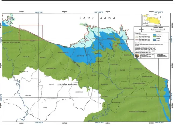 Gambar 1. Peta Material Pantai dan Garis Pantai Wilayah Kabupaten Indramayu dan sekitarnya Tahun  1982 -2011 
