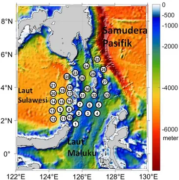 Gambar 1.  Profil batimetri perairan  Kepulauan  Sangihe Talud  (sumber data:  General Bathymetric 