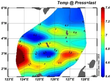 Gambar 2.  Sebaran spasial suhu permukaan laut di perairan Kepulauan Sangihe Talaud pada bulan 