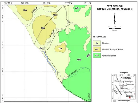 Gambar 2. Peta geologi daerah Mukomuko (Sumber : Kusnama, drr., 2010)