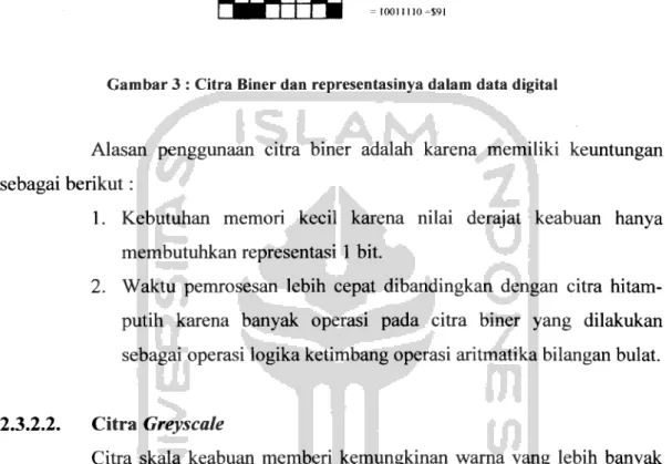 Gambar 3 : Citra Biner dan representasinya dalam data digital