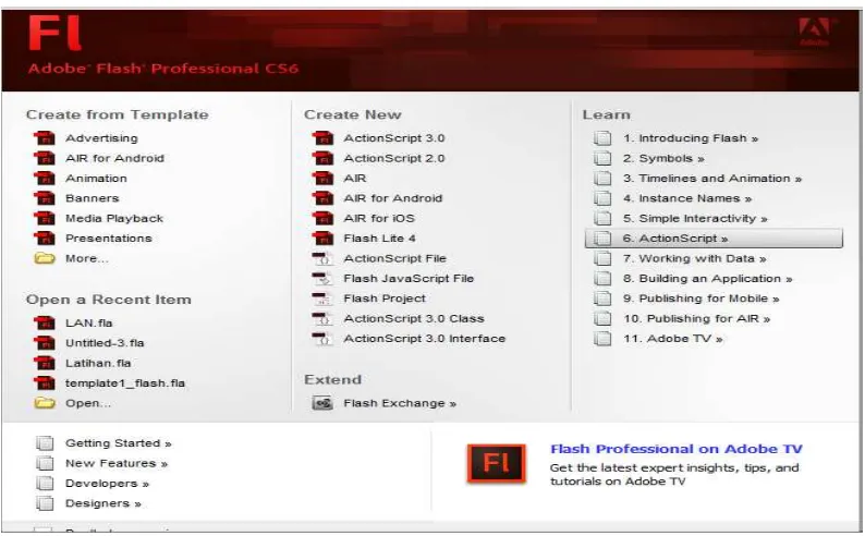 Gambar 2.1  Tampilan Star Page Adobe Flash Professional CS6 
