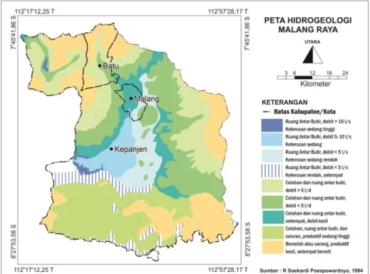 Gambar 4. Peta Hidrogeologi Malang  (Poespowardoyo, 1984) Ketersediaan  air  di  Malang  berasal  dari  sungai 