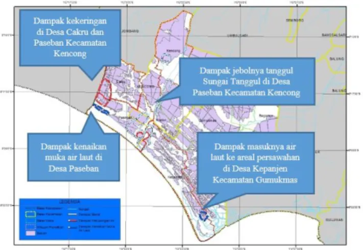 Gambar 6. Peta Dampak Perubahan Iklim terhadap Pertanian Tanaman Padi  di Kecamatan Kencong dan Gumukmas