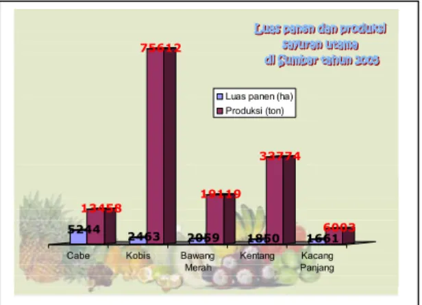 Gambar 2.  Luas panen dan produksi lima ko- ko-moditas sayuran utama di  Suma-tera Barat tahun 2005