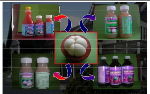 Gambar 6.   Empat produk olahan manggis (searah jarum jam: juice, sirup, xanthones dan  puree) yang telah ditemukan dan diusulkan hak patennya ke Dept