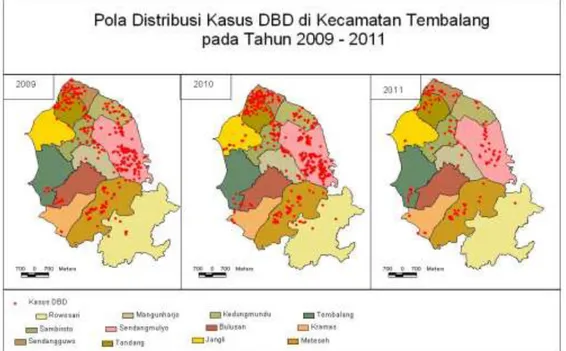 Gambar 4. Pola distribusi kasus DBD di Kec.Tembalang tahun 2009-2011  Kasus DBD tertinggi pada tahun 2010 