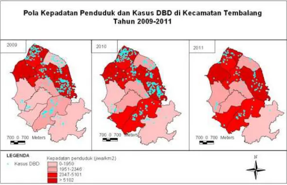 Gambar 5. Pola Kepadatan Penduduk dan Kasus DBD di Kecamatan Tembalang Tahun  2009-2011 