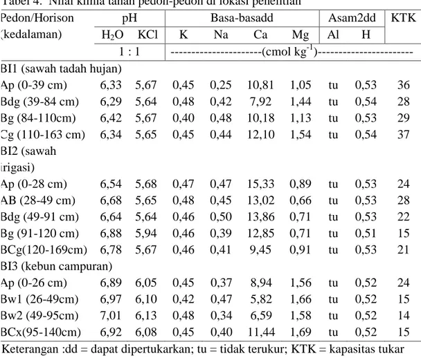 Tabel 4.  Nilai kimia tanah pedon-pedon di lokasi penelitian  Pedon/Horison 