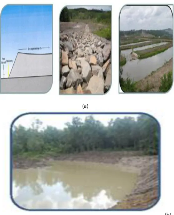 Gambar 5. Pengendalian erosi dan sedimentasi dengan pembentukan Backslope, saluran  air yang diperkuat dengan batu (a) dan KPL (b)