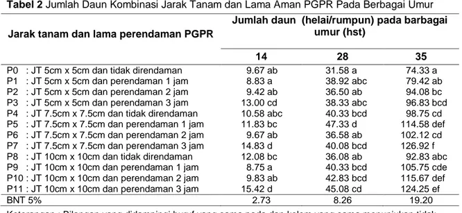Tabel 2 Jumlah Daun Kombinasi Jarak Tanam dan Lama Aman PGPR Pada Berbagai Umur  Jarak tanam dan lama perendaman PGPR 