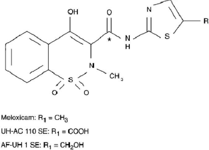 Gambar 4. Struktur Kimia dari meloxicam (Ulrich et al,1998)                                                               Meloxicam efektif dalam pengobatan rheumatoid arthritis,osteoarthritis dan  penyakit degenerative pada sendi (Barner,1996).Sebuah pene