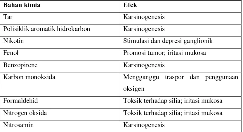 Tabel 2.1. Efek daripada sebagian bahan dalam asap rokok 