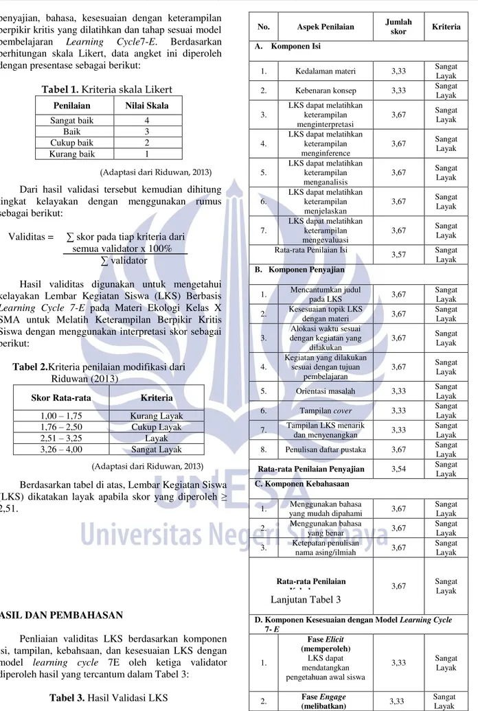 Tabel 2.Kriteria penilaian modifikasi dari                  Riduwan (2013) 