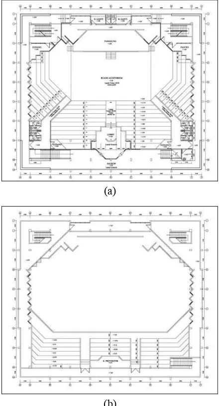 Gambar 2. Denah lantai 2 (a) denah lantai 3/balkon dan (b) auditorium Universitas Kristen Petra