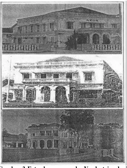 Gambar 3.Foto bangunan de Vredestein dariarah depan: a) pada saat difungsikansebagai kampus APDN, tahun 1978,(sumber Amen Budiman, SemarangDjuwita, 1979:64); b) 1994 (sumber:Tugu Muda, Desember 1994); c)1940-an terlihat bangunan pavilionselatan memanjang s