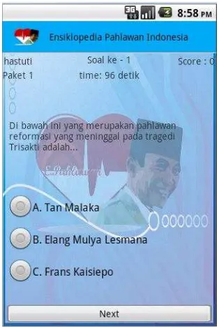 Gambar 4 Interface menu latihan soal   Gambar 5 menunjukkan interface hasil memperjuangkan Indonesia nasionalisme kepada masyarakat Indonesia