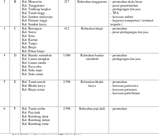 Tabel  II.2 Fungsi Pengembangan tiap SPK di kota Binjai 