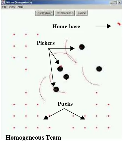 Figure 2. Homogeneous vs. Heterogeneous team.In the heterogeneous teams, a robot (sorter) staysnear the home base to deliver pucks that aredropped by other robots (pickers) on theboundary.