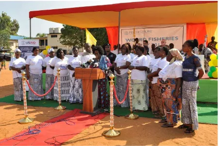 Figure 2  Minister for Fisheries and Aquaculture Development, Elizabeth Afoley Quaye, delivering her address at the 2017 World Fisheries Day in Keta, Ghana surrounded by members of the National Fish Processors and Traders Association