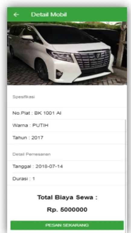 Gambar 5 adalah halaman detail mobil yang menampilkan user bisa melihat detail mobil dan harga  sesuai mobil yang di pilih user