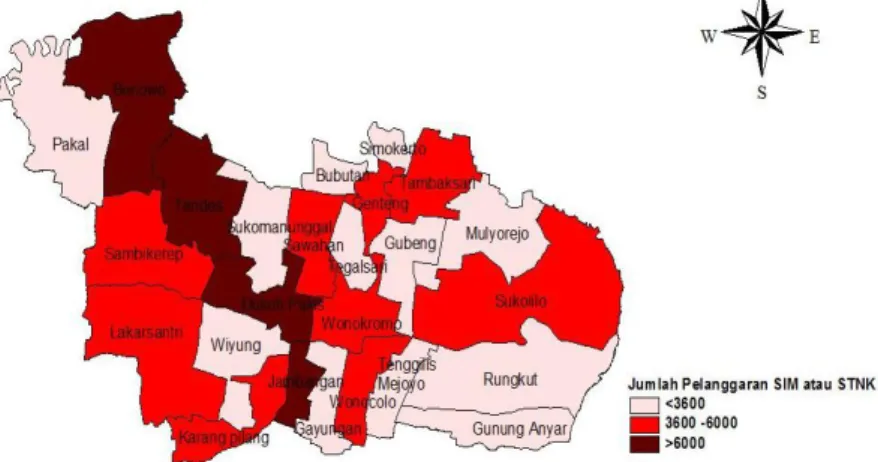 Gambar 4.2b Pemetaan Kasus Pelanggaran SIM atau STNK Tahun 2016 Berdasarkan Gambar 4.2b dapat menunjukkan bahwa jenis  pelanggaran  lalu lintas  tanpa  SIM  atau  STNK  tahun 2016  masih  sering  terjadi  di  beberapa  wilayah  Kota  Surabaya  yaitu  wilay
