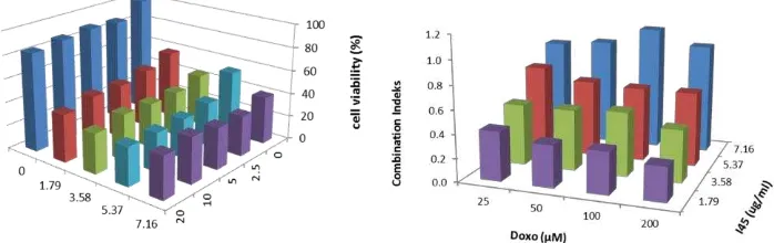 Tabel V. Indek kombinasi  Ko kemoterapi isolat CGs dan doxorubisin terhadap sel HeLa   