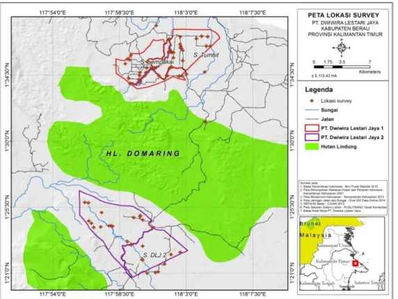 Gambar 2.  Peta  Lokasi  Survey  NKT  di  Areal  PT.  Dwiwira  Lestari  Jaya,  Kabupaten  Berau,  Provinsi Kalimantan Timur 