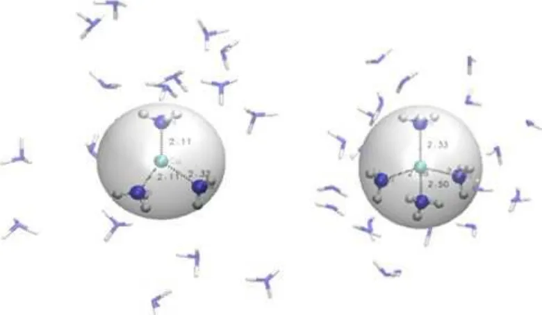 Fig 2. Coordination number distributions (CND) of thefirst and second solvation shell of Cu+ in liquid ammonia
