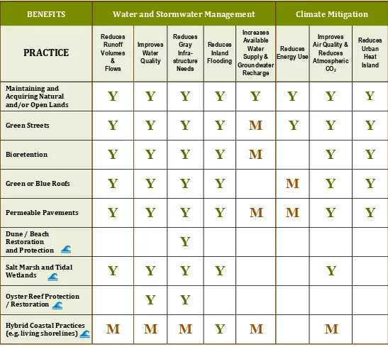 Table modified from “The Value of Green Infrastructure: A Guide to Recognizing its Economic, Environmental, and Social Benefits,”  Center for Neighborhood Technology and American Rivers, 2010 and NOAA Office of Coastal Management “Introducing Green  