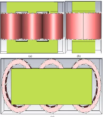Gambar 3.7 Konstruksi tiga dimensi transformator tiga fasa dengan cara potong  A; tampak depan (a), tampak samping (b), tampak atas (c) 