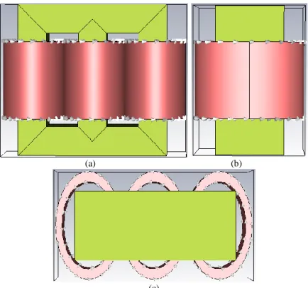Gambar 3.8 Konstruksi tiga dimensi transformator tiga fasa dengan cara potong  B; tampak depan (a), tampak samping (b), tampak atas (c) 