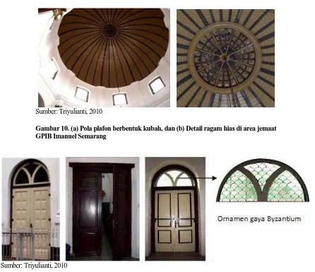 Gambar 10. (a) Pola plafon berbentuk kubah, dan (b) Detail ragam hias di area jemaat  GPIB Imanuel Semarang  