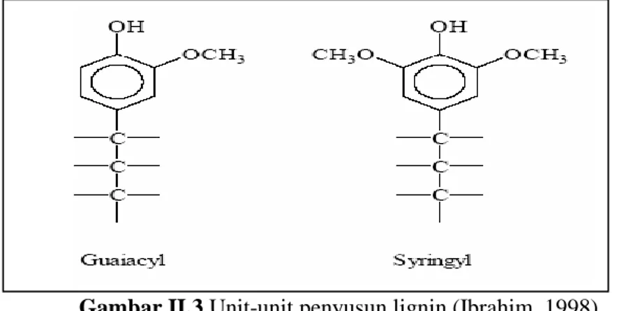 Gambar II.3 Unit-unit penyusun lignin (Ibrahim, 1998)  Pati  merupakan  poly-D-Glucose  yang  dapat  dihidrolisa  menjadi glucose