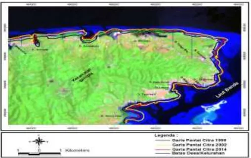 Gambar 3.  Overlay garis pantai Citra Landsat Tahun 1990, 2002, dan 2014 (RGB-653) 