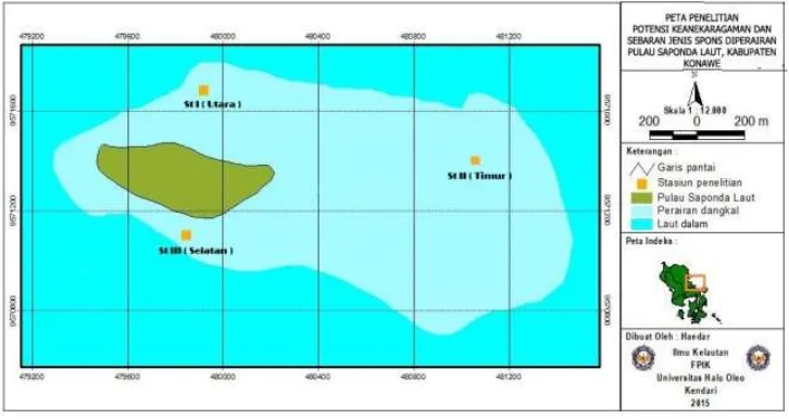Gambar 1. Peta lokasi Penelitian di Perairan Pulau Saponda Laut, Kecamatan Soropia, Kabupaten Konawe