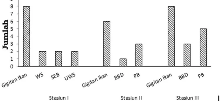 Gambar 3. Diagram jumlah dan jenis penyakit karang keras berdasarkan stasiun penelitian 