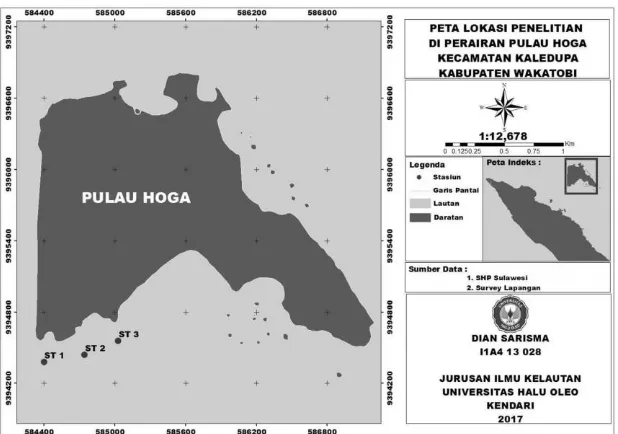 Gambar 1. Peta Lokasi Penelitian di Perairan Pulau Hoga Kecamatan Kaledupa,Kabupaten Wakatobi