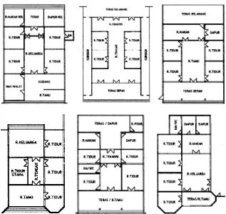 Gambar 6. Ragam pola grid ruang hunian tipe kolonial di Tuban (identitas sebagaisebuah grid tetap dipertahankan walaupun bentuk dan organisasi ruangnya bervariasi)